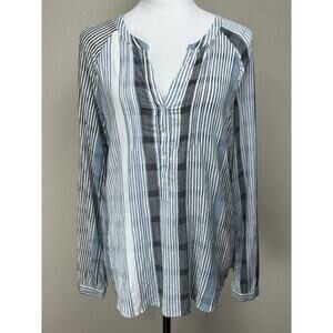 Women's Large Lucky Brand Blue Striped Long Sleeve Blouse Top V-Neck Casual